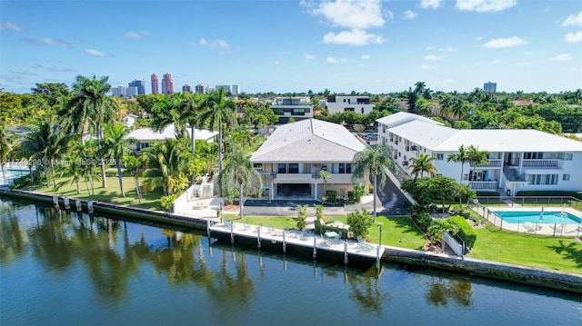 drone / aerial view featuring a water view