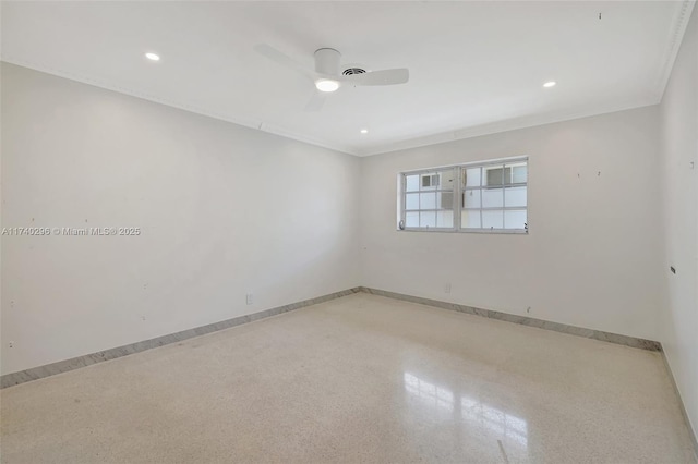 unfurnished room featuring crown molding and ceiling fan