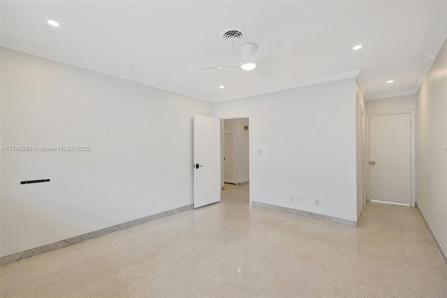 spare room with crown molding and ceiling fan