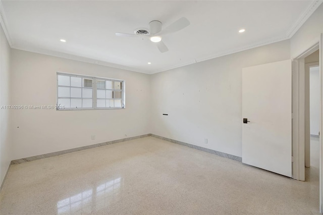 empty room with crown molding and ceiling fan