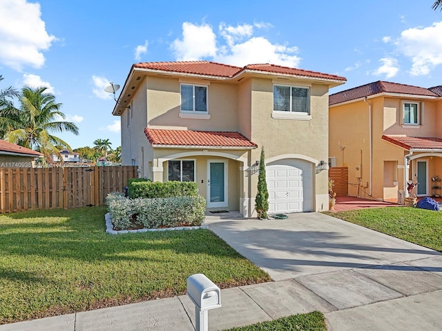 mediterranean / spanish home featuring concrete driveway, stucco siding, an attached garage, a tile roof, and fence