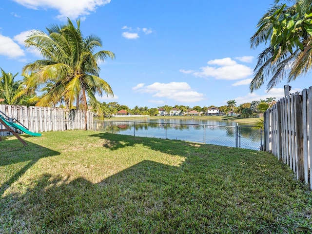 view of yard featuring a water view and a fenced backyard