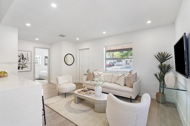 living room with light hardwood / wood-style flooring