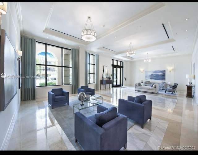 living room with ornamental molding and a raised ceiling