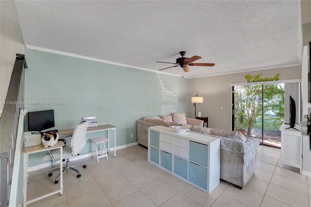 tiled living room featuring crown molding and a textured ceiling