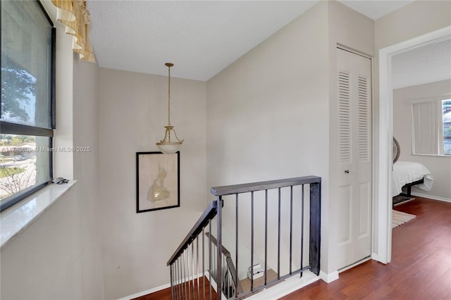 stairs featuring wood-type flooring and a textured ceiling