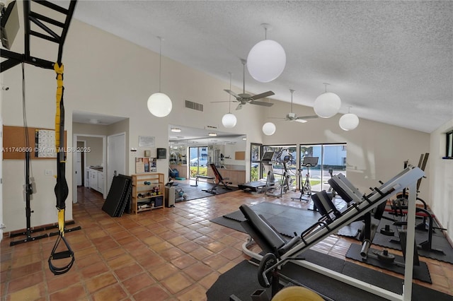 workout area featuring vaulted ceiling and a textured ceiling