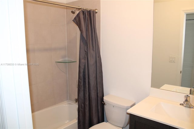 full bathroom featuring vanity, shower / bathtub combination with curtain, and toilet