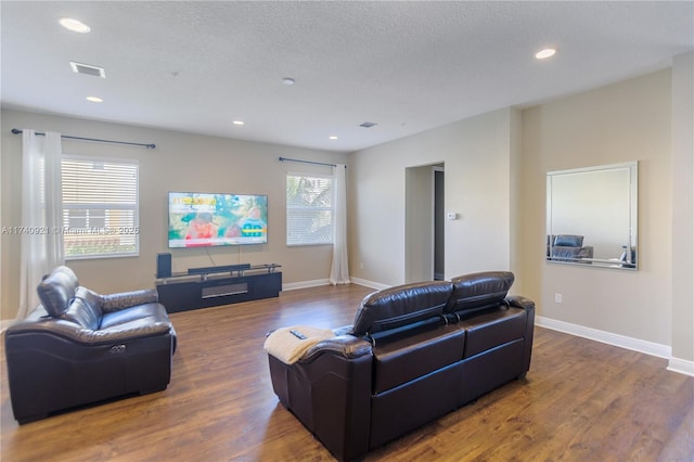 living room with dark hardwood / wood-style floors and a textured ceiling