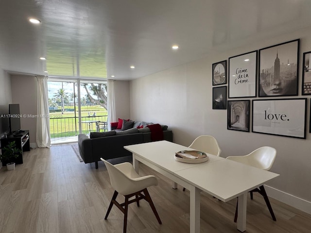 home office with light hardwood / wood-style flooring and expansive windows