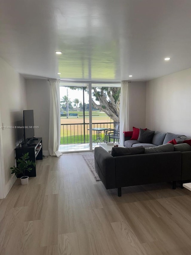 living room with a wall of windows and light wood-type flooring