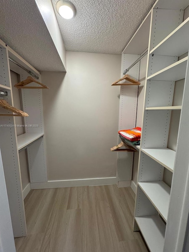 walk in closet with light hardwood / wood-style floors