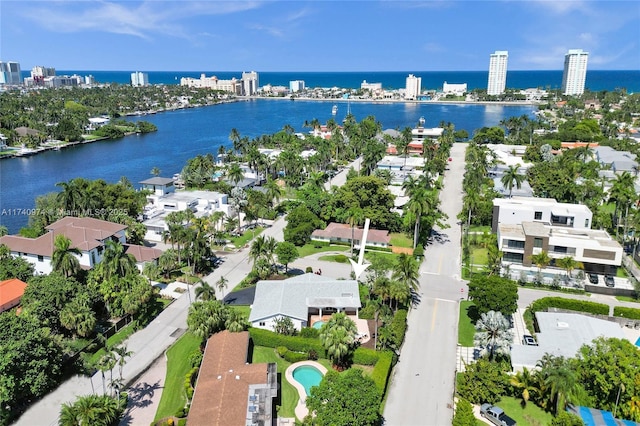 drone / aerial view with a water view