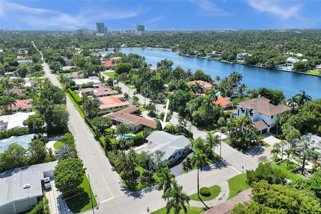 aerial view with a water view and a residential view