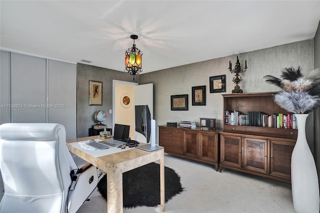 office featuring light colored carpet and visible vents