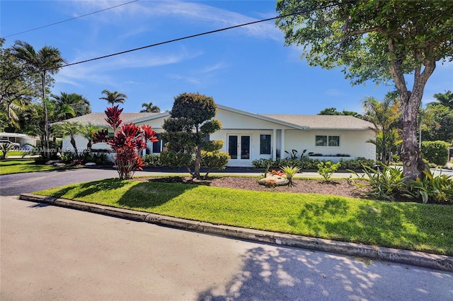 view of front of home featuring driveway, stucco siding, and a front yard