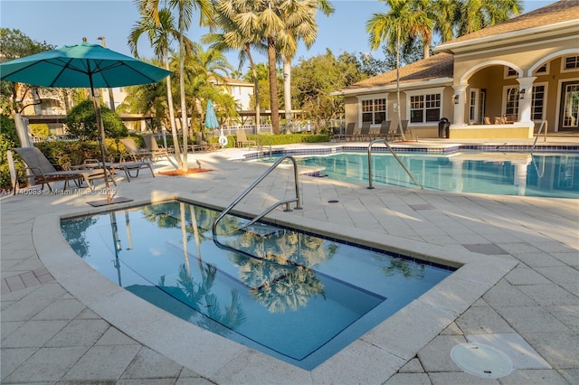 view of swimming pool featuring a patio area