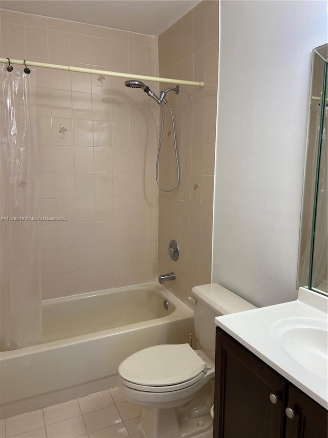 full bathroom with tile patterned flooring, vanity, toilet, and shower / bathtub combination with curtain