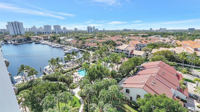 drone / aerial view with a water view