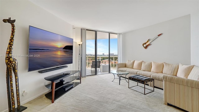 carpeted living room featuring expansive windows