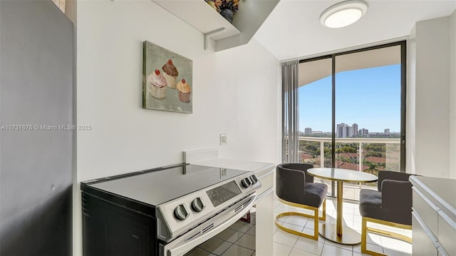 kitchen with light tile patterned floors, stainless steel electric range, and a wall of windows