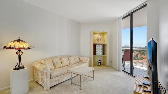 carpeted living room featuring expansive windows