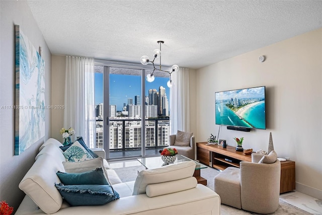 living room with a textured ceiling