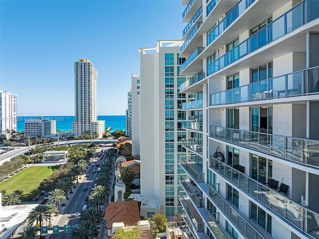 exterior space with a water view