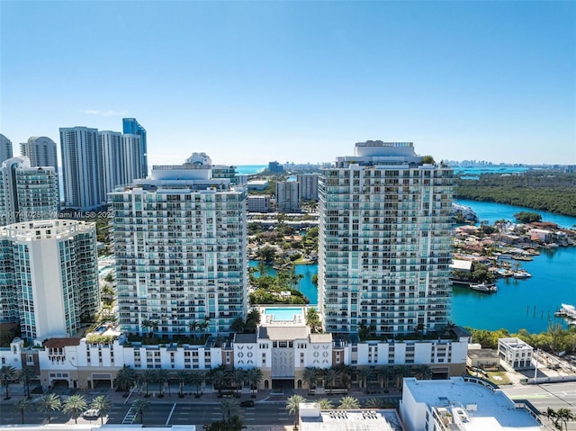 aerial view featuring a water view