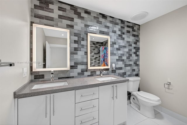 2816 NE 24th Pl, Fort Lauderdale, FL 33305 - full bathroom featuring double vanity, tile walls, tasteful backsplash, tile patterned floors, and a shower with shower curtain
