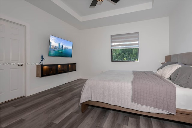 bedroom with ceiling fan, dark hardwood / wood-style flooring, and a tray ceiling