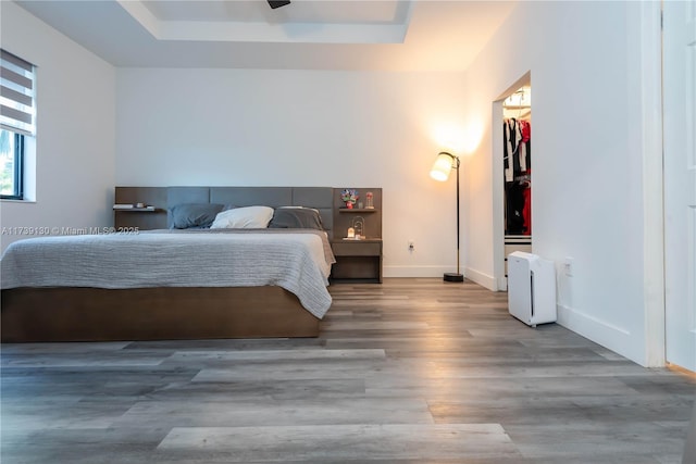 bedroom with a tray ceiling and light hardwood / wood-style floors