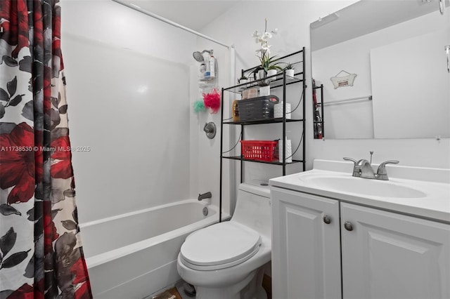 full bathroom with vanity, toilet, and shower / tub combo with curtain