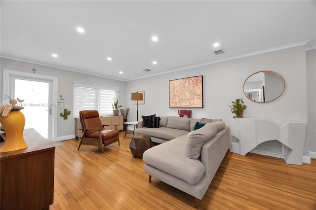 1249 Venetia Ave, Coral Gables, FL 33134 - living room featuring light hardwood / wood-style floors and crown molding