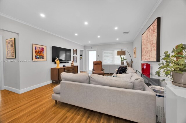1249 Venetia Ave, Coral Gables, FL 33134 - living room with ornamental molding and wood-type flooring