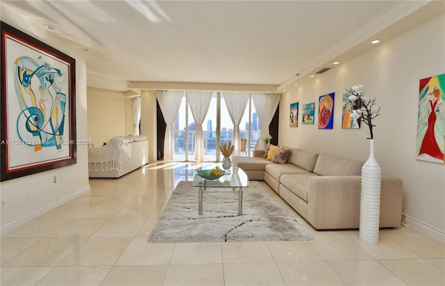 living room with light tile patterned flooring