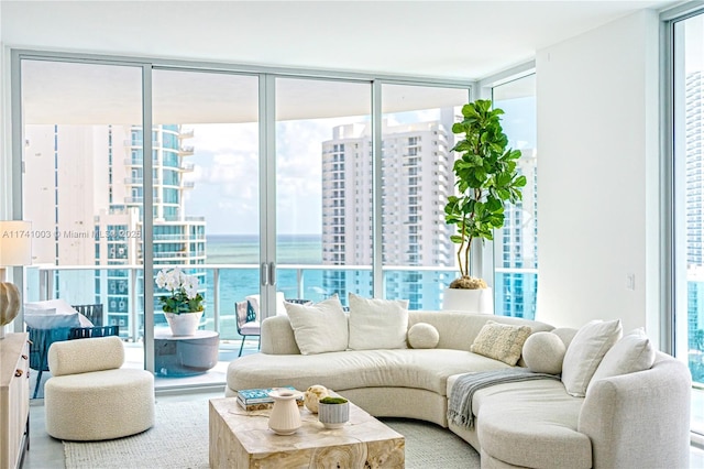 living room with a water view and floor to ceiling windows