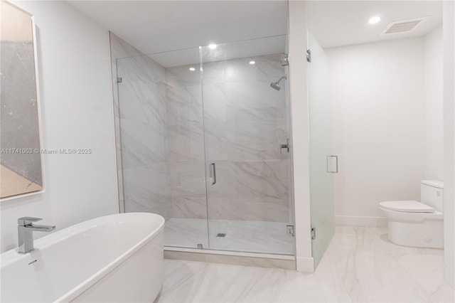 17550 Collins Ave Unit 1501, Sunny Isles Beach, FL 33160 - full bathroom with marble finish floors, toilet, recessed lighting, a soaking tub, and a marble finish shower