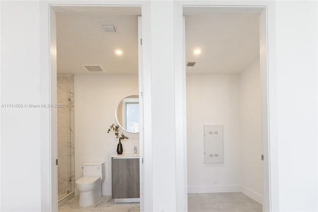 17550 Collins Ave Unit 1501, Sunny Isles Beach, FL 33160 - full bathroom with a marble finish shower, toilet, vanity, recessed lighting, and baseboards