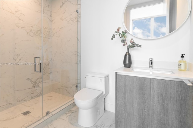 bathroom featuring vanity, an enclosed shower, and toilet