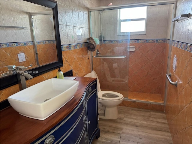 bathroom with tile walls, vanity, toilet, and an enclosed shower