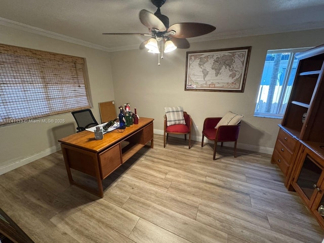 office space featuring ornamental molding, ceiling fan, and light hardwood / wood-style flooring