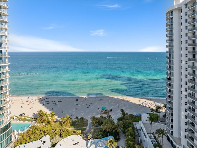 view of water feature with a beach view