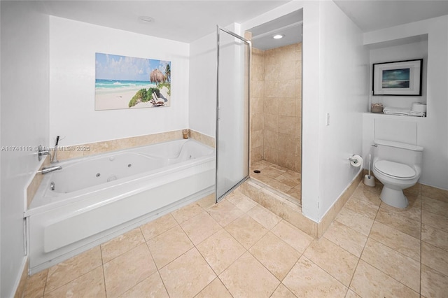 bathroom with independent shower and bath, tile patterned floors, and toilet