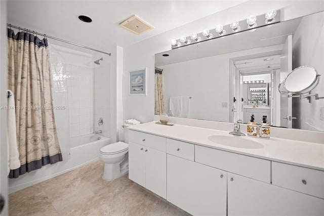 full bathroom with vanity, toilet, tile patterned floors, and shower / bath combo with shower curtain