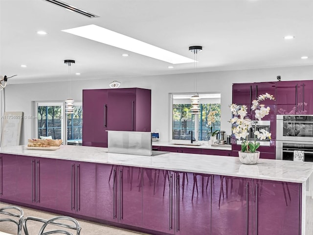 kitchen with pendant lighting, plenty of natural light, sink, and double oven