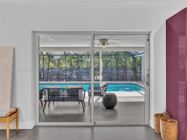 view of pool featuring ceiling fan