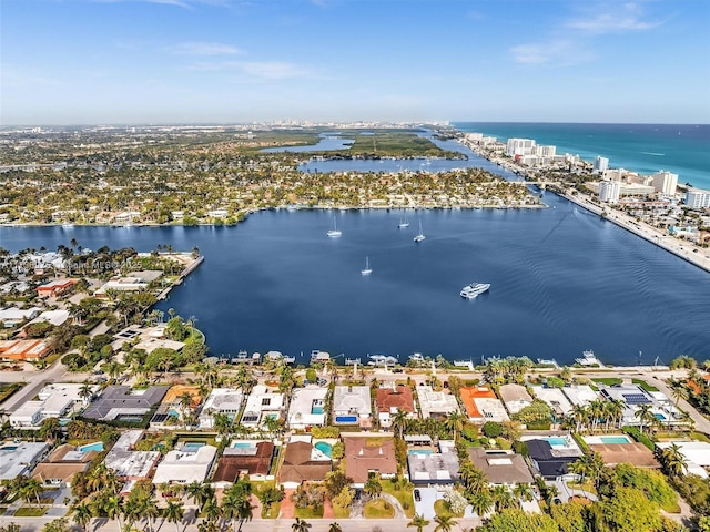 drone / aerial view with a water view