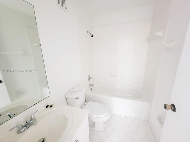 full bathroom featuring tiled shower / bath combo, vanity, tile patterned flooring, and toilet