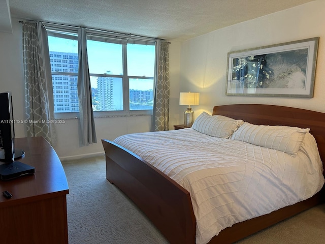 carpeted bedroom with a textured ceiling